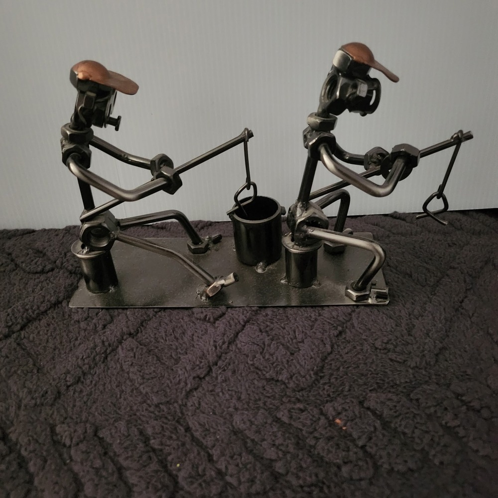 Handmade Scrap Metal Art Fishermen Sculpture Nuts Bolts Industrial Fishing Gift